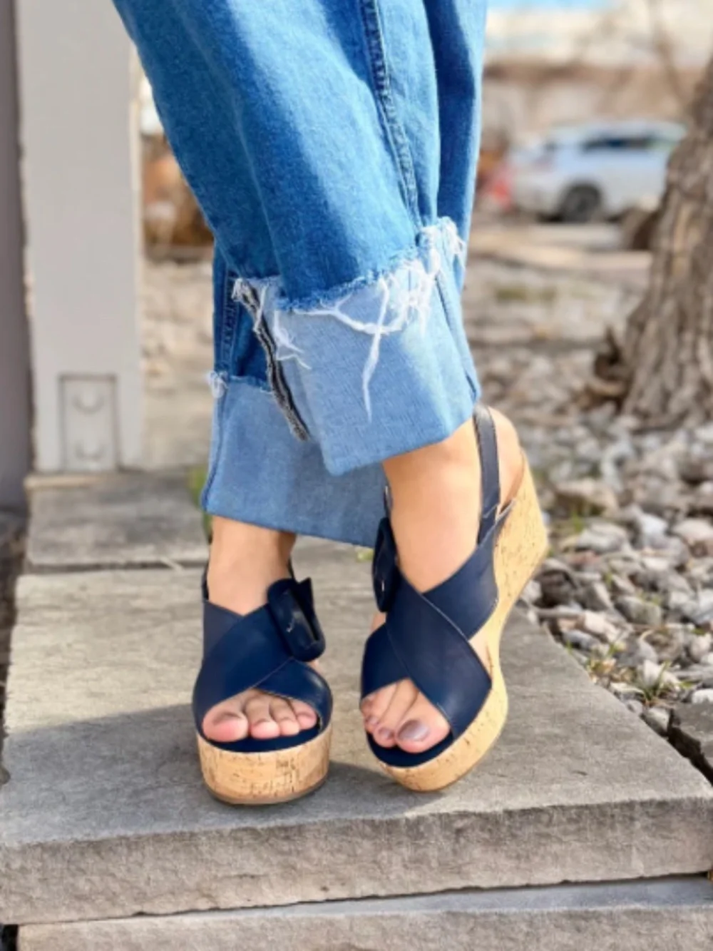 Cordani Dustin Cork Buckle Wedge in Navy